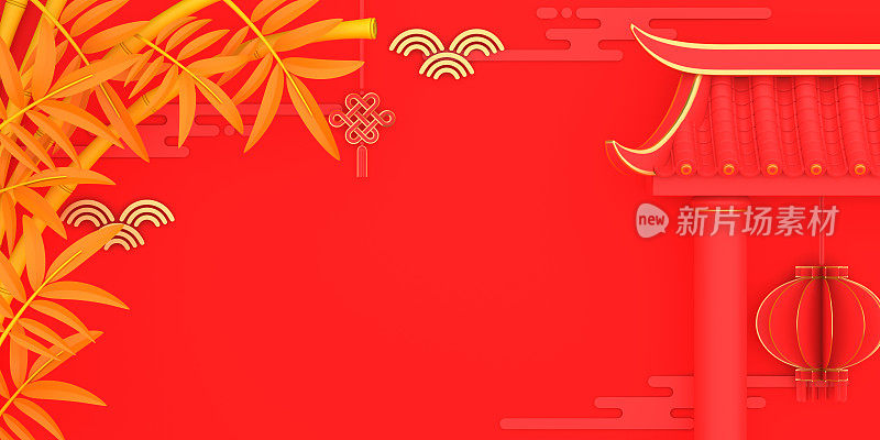 喜庆春节的横幅，红金灯笼和结鞭炮竹剪纸传统大门的背景。中国节日庆典设计创意理念。3 d演示。
